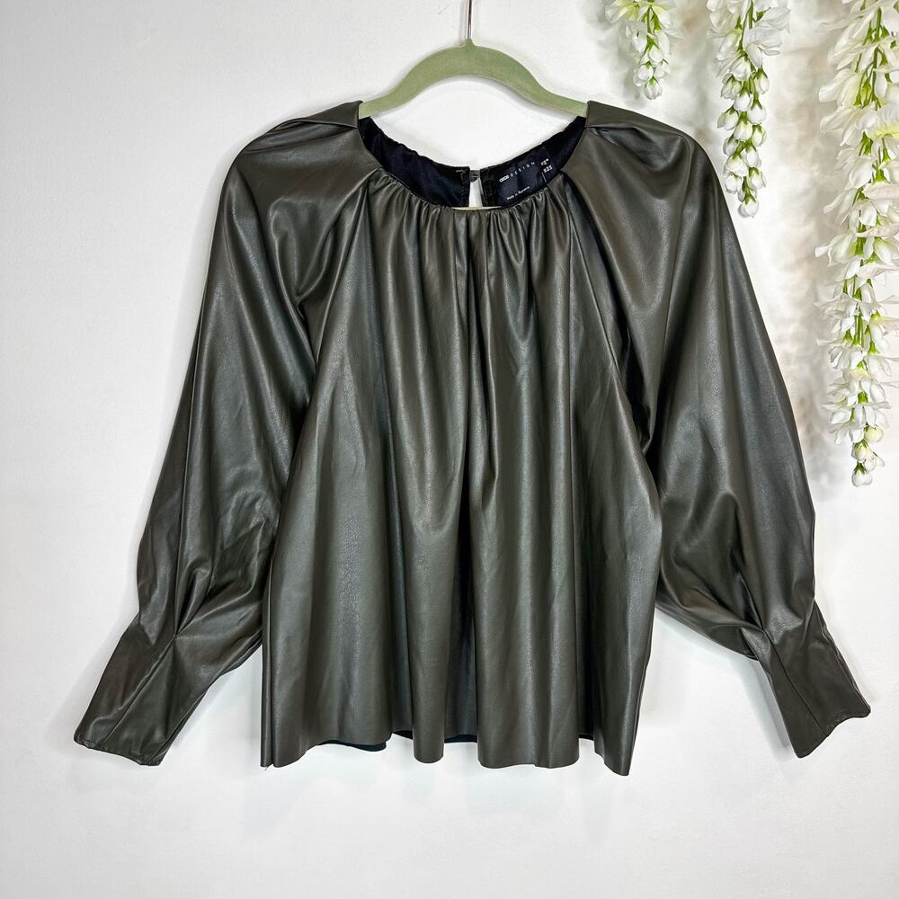 ASOS DESIGN vegan leather top balloon sleeve forest green pleather